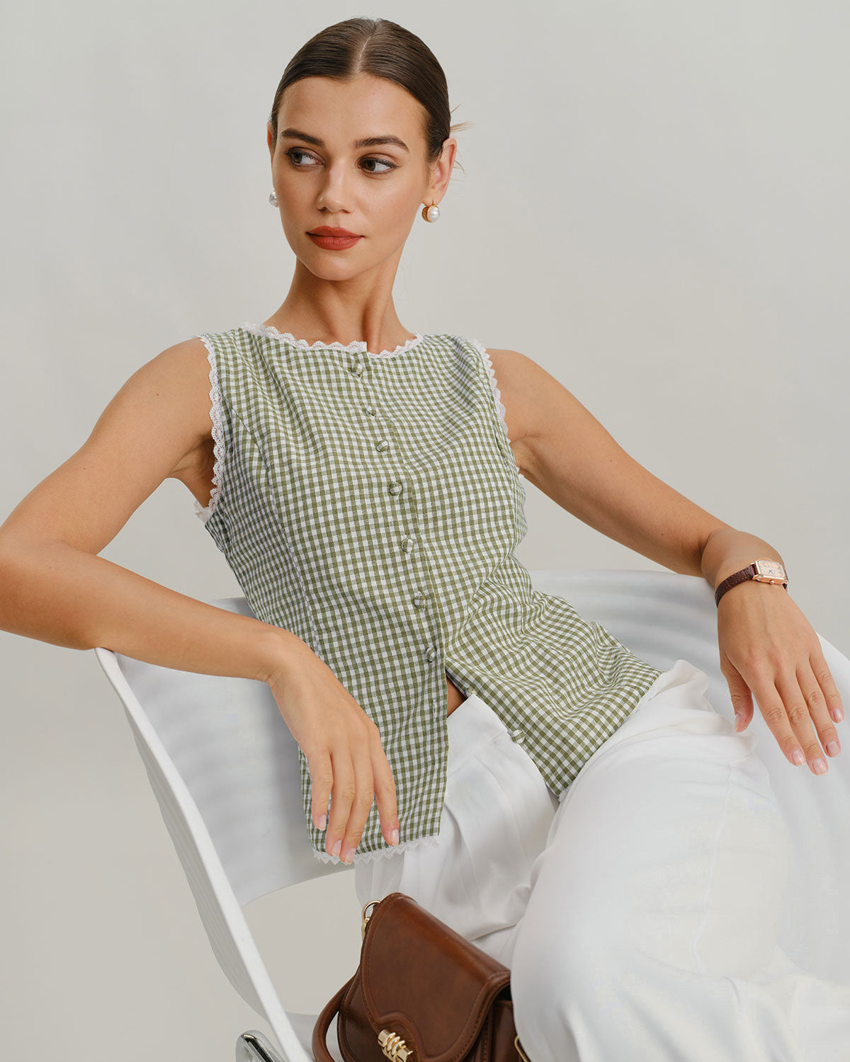 Light Green Checkered Sleeveless Top with Boat Neck