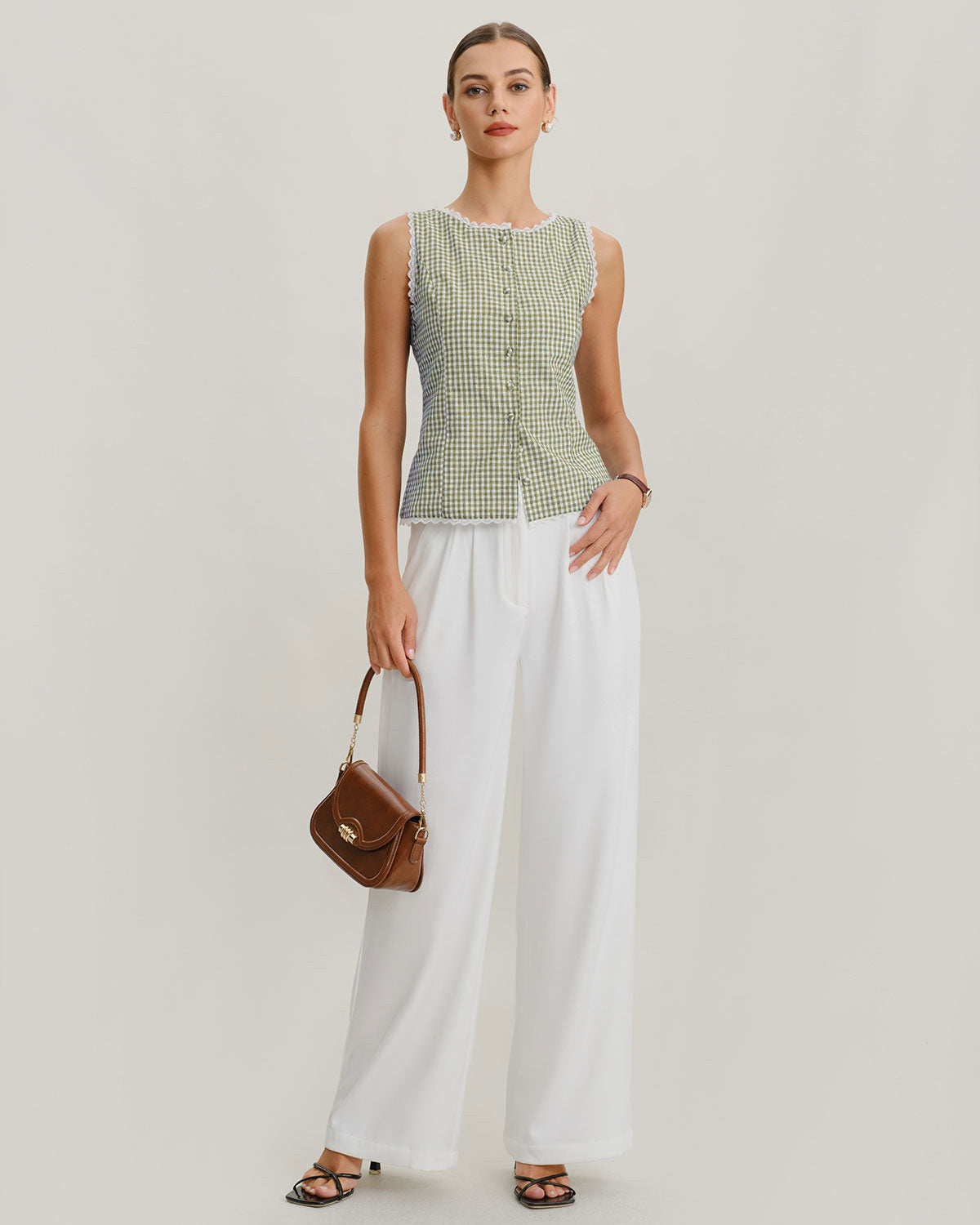 Light Green Checkered Sleeveless Top with Boat Neck