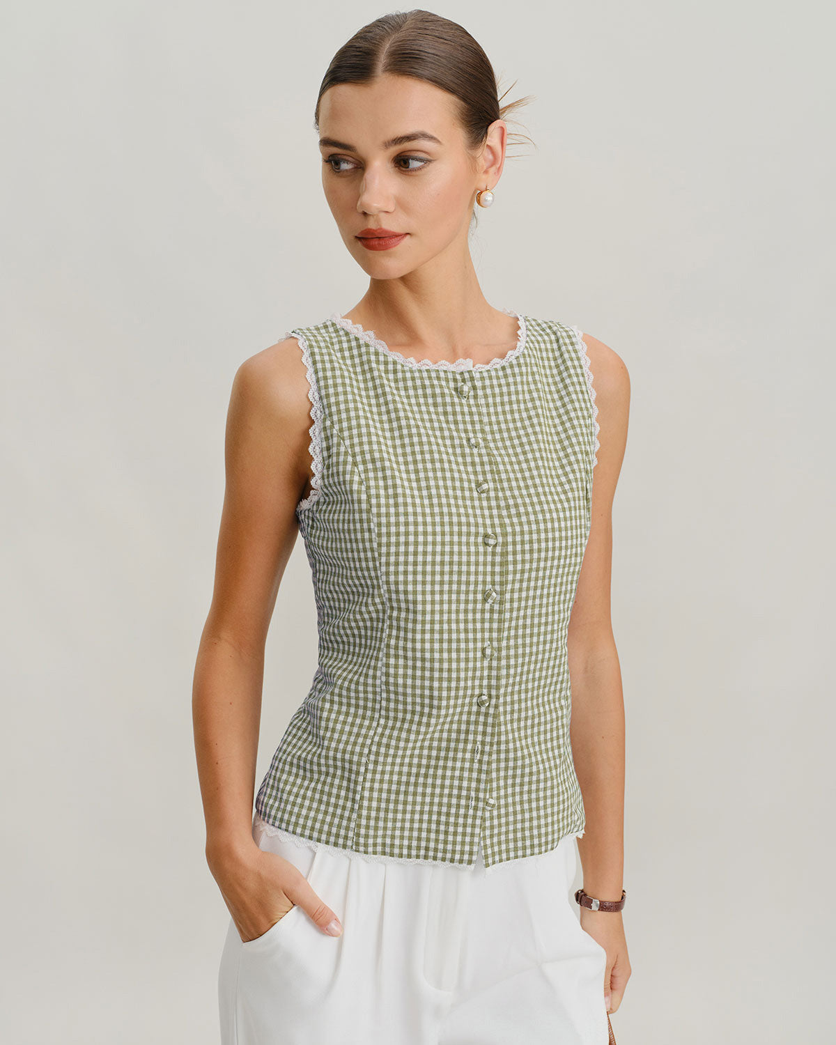 Light Green Checkered Sleeveless Top with Boat Neck