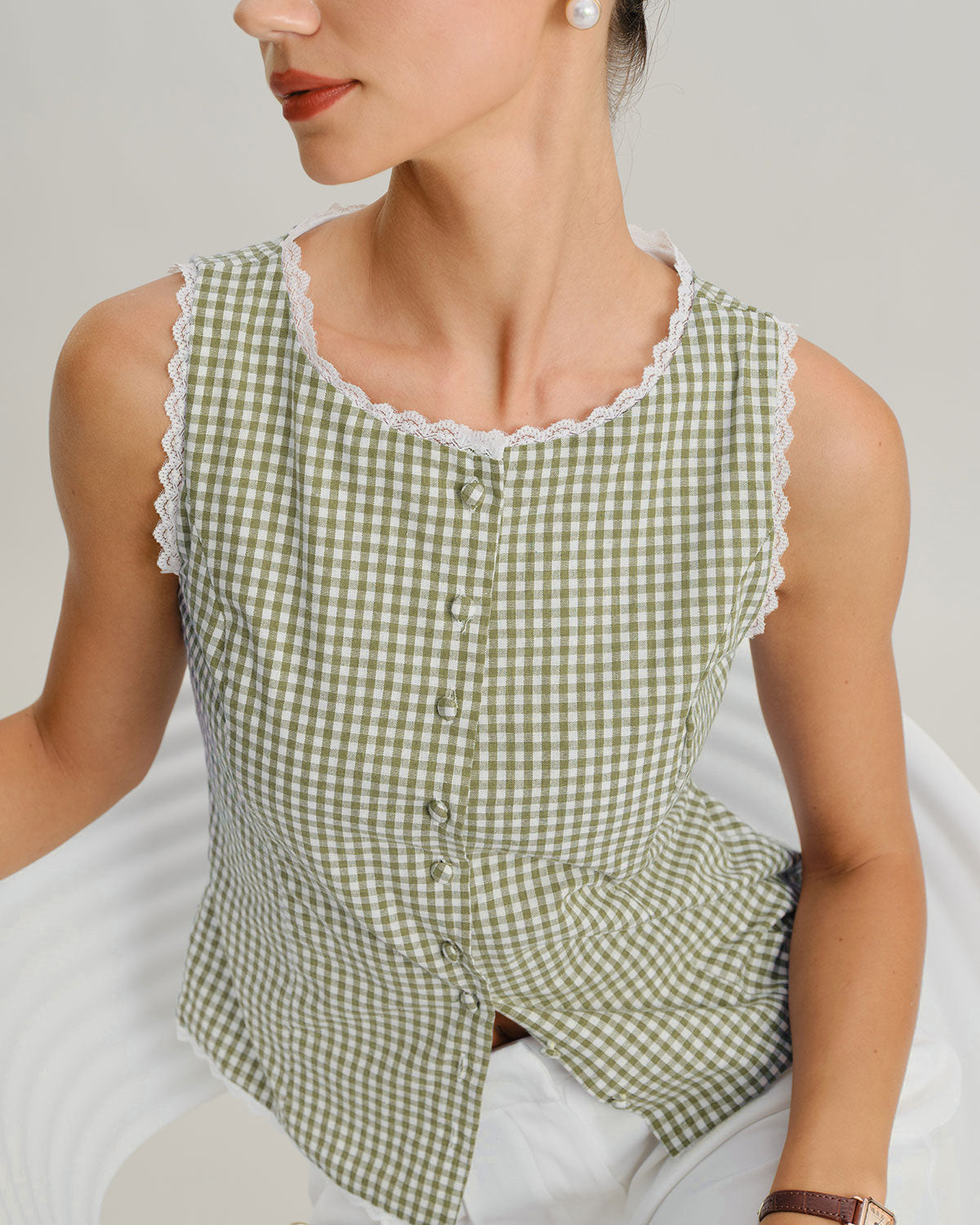 Light Green Checkered Sleeveless Top with Boat Neck
