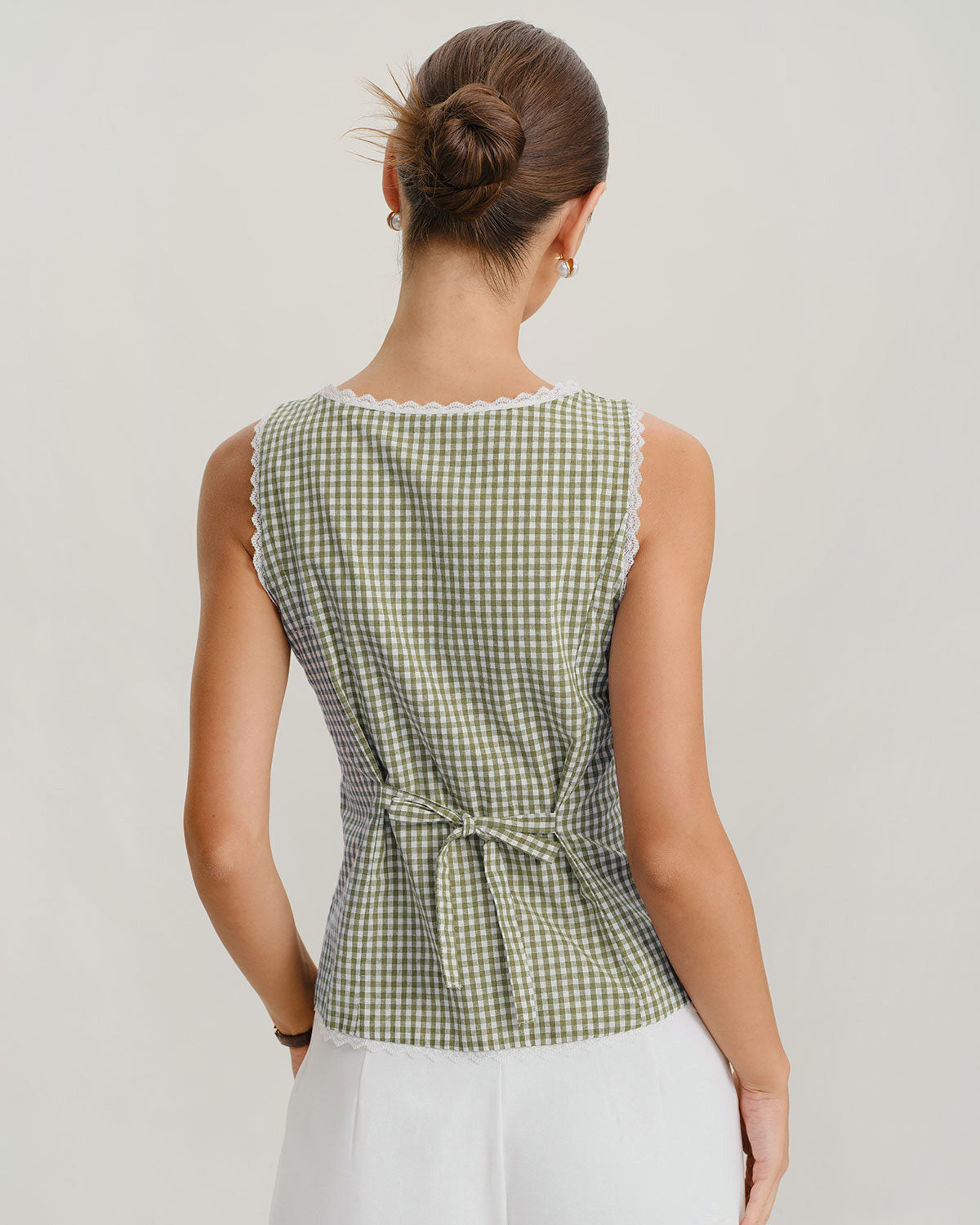 Light Green Checkered Sleeveless Top with Boat Neck